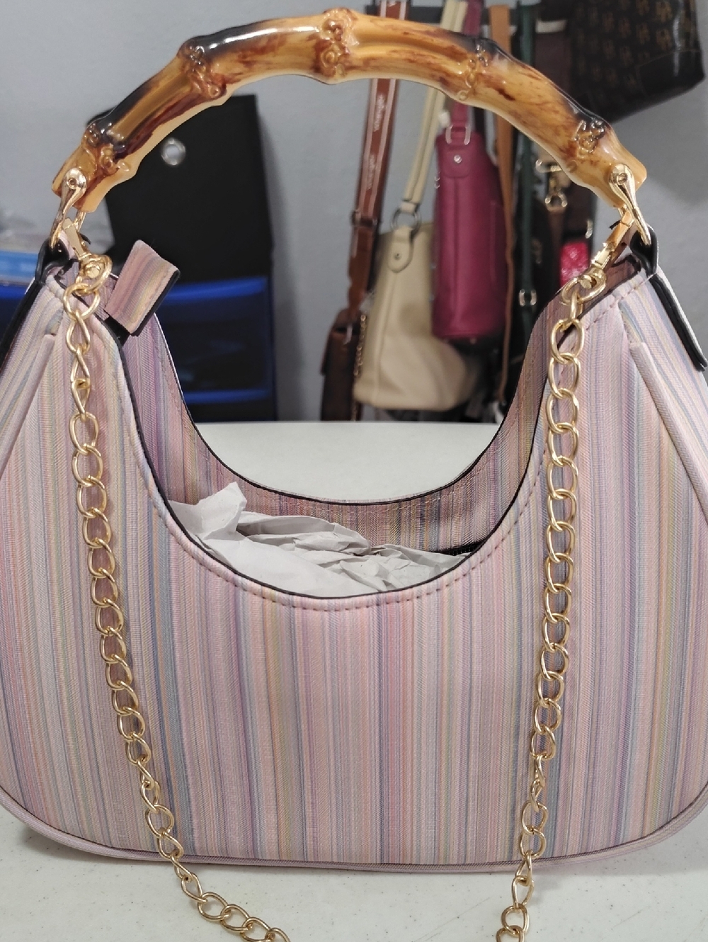 Brand New Women's Pink Multistripe Bamboo-Handle Hobo Bag With Chain Strap